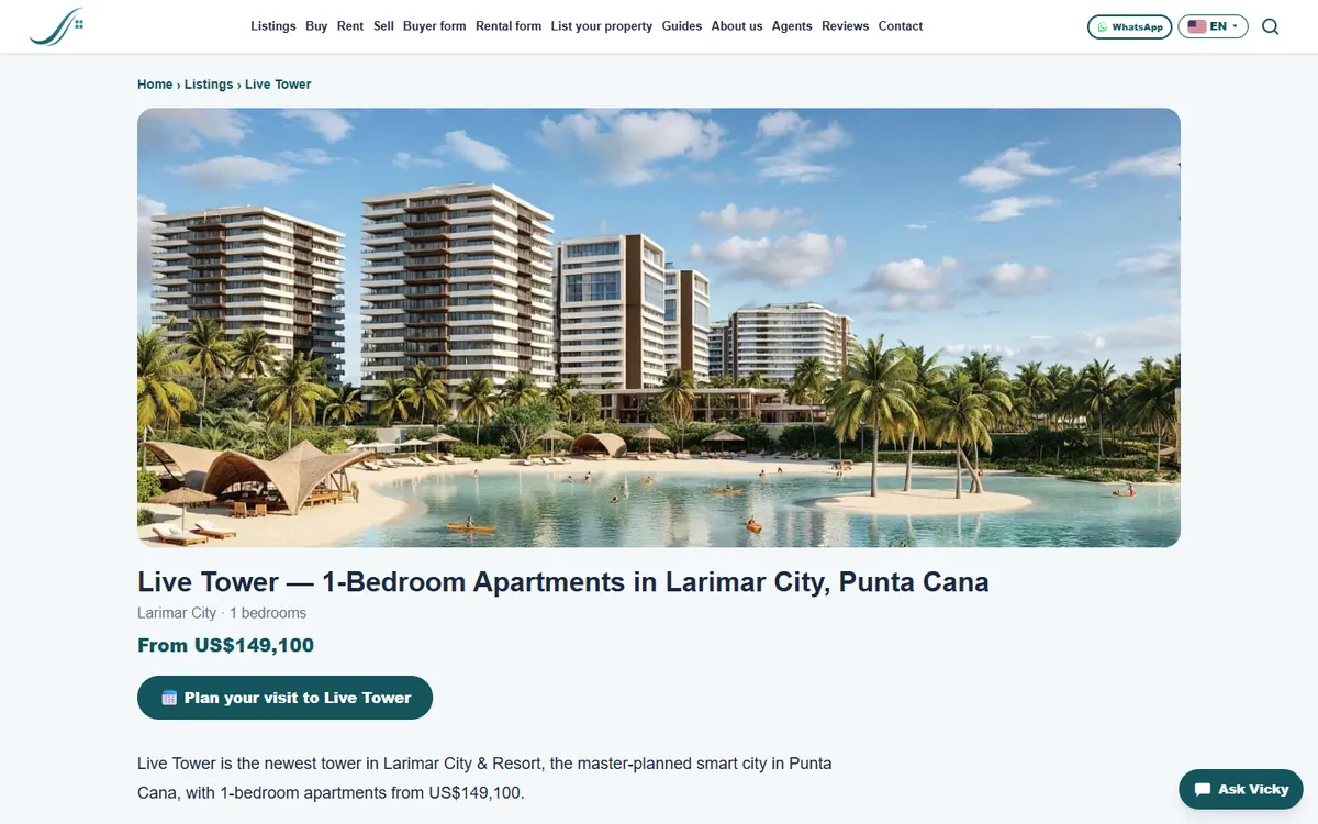 Sonia Realtors: página de una propiedad (escritorio), soniarealtors.com/properties/live-tower-larimar-city